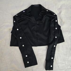 PrettyLittleThings Black Cropped Button-Down Shirt with Silver Accents